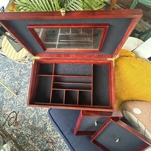 Large Vintage Cherry Wood Jewelry Box with Brass Detail